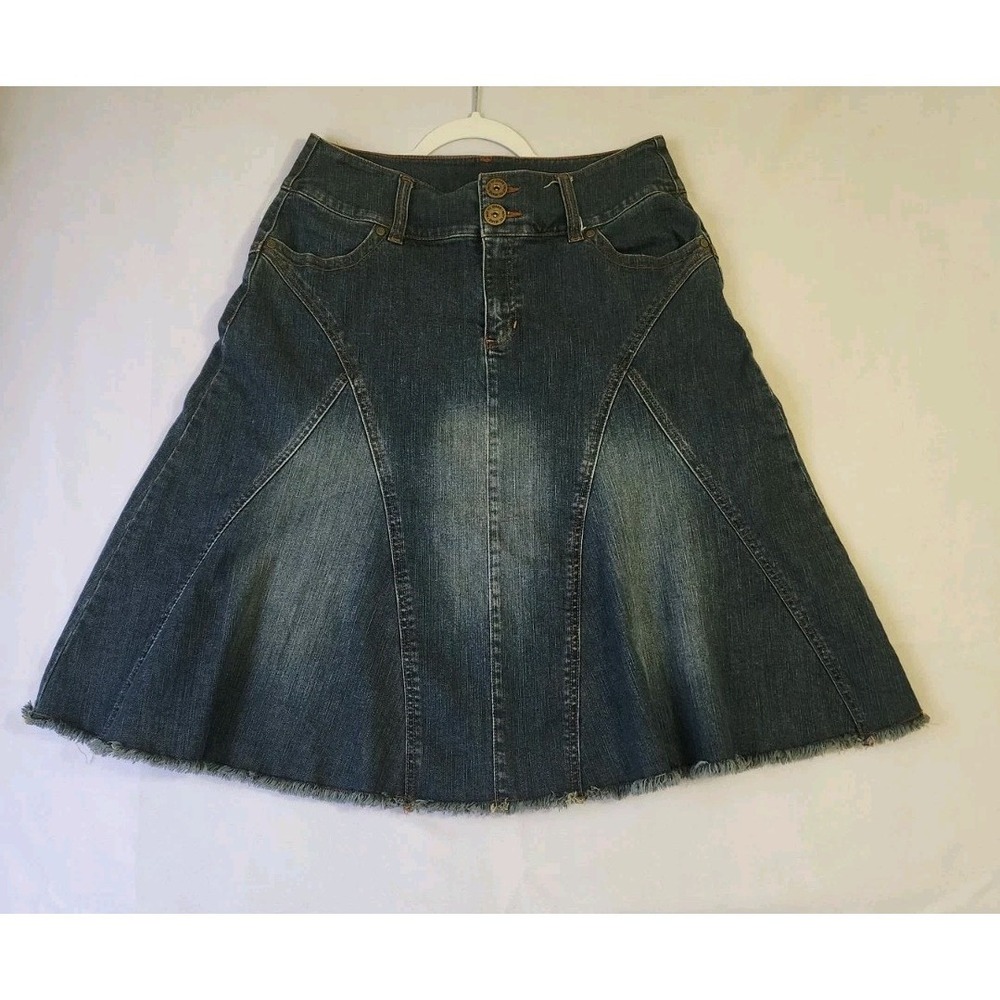 Motto Womens Size 14 Denim A-Line Skirt Blue Stretch Jean Frayed Hem Boho Midi